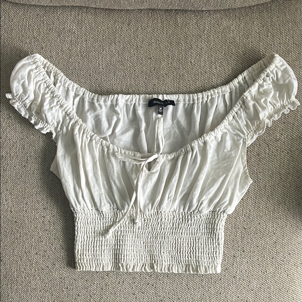 Kendall & Kylie White Smocked Crop Blouse with Ruffled Cap Sleeves
